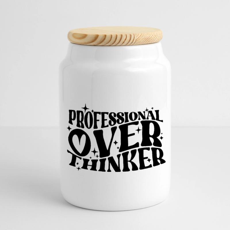 Professional Overthinker Witty Typography Humor Panoramic Cookie Jar with Wooden Lid