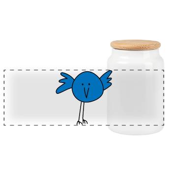 Playful bird face with blue accent - Panoramic Cookie Jar with Wooden Lid - white - Front