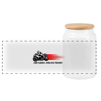 Two Wheels, Endless Freedom - Motorcycle Edition - Panoramic Cookie Jar with Wooden Lid - white - Front
