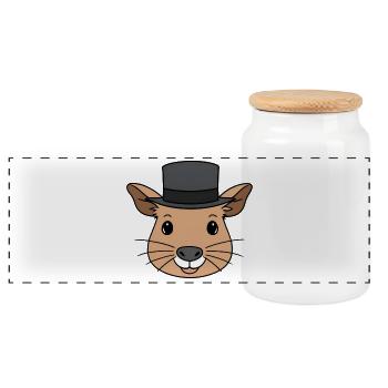 Capybara with Top Hat Cartoon - Panoramic Cookie Jar with Wooden Lid - white - Front