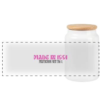 Made in 1991 - Perfektion seit Tag 1 - Panorama Keksdose mit Holzdeckel - Weiß - Vorne