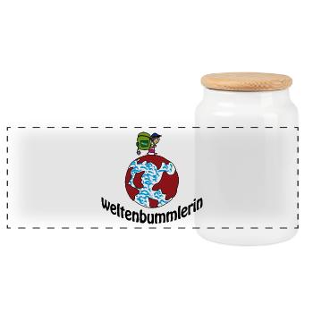 Weltenbummlerin - Panorama Keksdose mit Holzdeckel - Weiß - Vorne