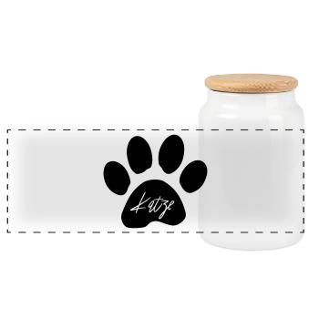 Katzen Pfoten Logo als Geschenkidee - Panorama Keksdose mit Holzdeckel - Weiß - Vorne