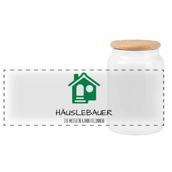 Häuslebauer Haus Bauherr Geschenk Idee - Panorama Keksdose mit Holzdeckel - Weiß - Vorne