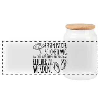 Travel Quote: spend money and get richer - Panoramic Cookie Jar with Wooden Lid - white - Front