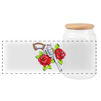 Gun and rose - Panoramic Cookie Jar with Wooden Lid - white - Front