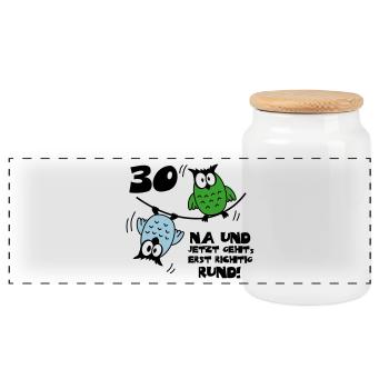 Geburtstag 30, Eulen am Drahtseil, rund - Panorama Keksdose mit Holzdeckel - Weiß - Vorne