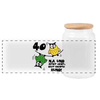 40 anniversaire, hiboux sur la corde, rond - Boîte à biscuits avec couvercle en bois - blanc - Devant