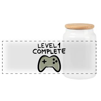 Level 1 complete 1 Geburtstag Spielkonsole - Panorama Keksdose mit Holzdeckel - Weiß - Vorne