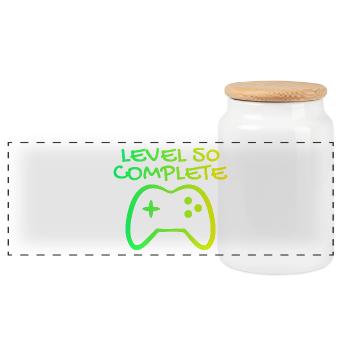 50th Birthday Level 50 Complete - Panoramic Cookie Jar with Wooden Lid - white - Front