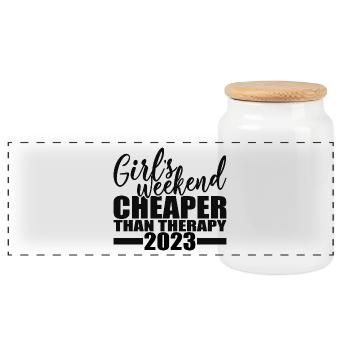 Girl's Weekend Cheaper Than Therapy 2023 - Panoramic Cookie Jar with Wooden Lid - white - Front