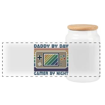 Daddy By Day Gamer By Night, Funny Gamer Dad - Panoramic Cookie Jar with Wooden Lid - white - Front