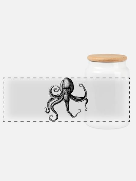 Monochrome Tintenkrake Illustration - Panorama Keksdose mit Holzdeckel - Weiß