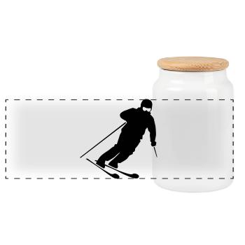 Skifahrer Silhouette – Motiv für Wintersportler - Panorama Keksdose mit Holzdeckel - Weiß - Vorne