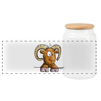 Funny Ram - Moutons - Bélier - Dessin animé - Boîte à biscuits avec couvercle en bois - blanc - Devant