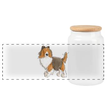 Fröhlicher Sheltie - Shetland Sheepdog - Geschenk - Panorama Keksdose mit Holzdeckel - Weiß - Vorne