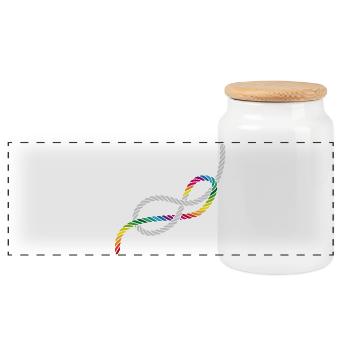 Achtknoten oder Liebesknoten in Regenbogen Farben - Panorama Keksdose mit Holzdeckel - Weiß - Vorne