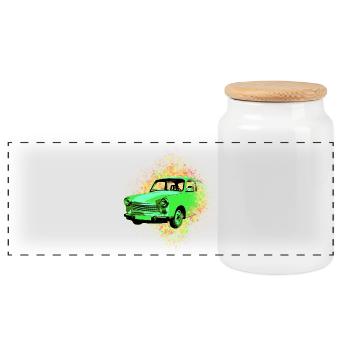 Psychedelic Trabi DDR Pappe | Kultauto - Panorama Keksdose mit Holzdeckel - Weiß - Vorne