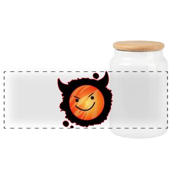 cute devil in flames and glowing face - Panoramic Cookie Jar with Wooden Lid - white - Front