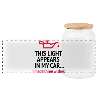 Funny blonde joke driver's license car driving oil - Panoramic Cookie Jar with Wooden Lid - white - Front