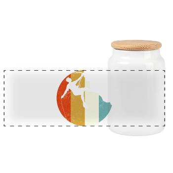 Kletterer-Silhouette auf dem Regenbogengradienten-Globus - Panorama Keksdose mit Holzdeckel - Weiß - Vorne