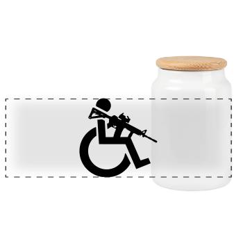 Armed wheelchair user with rifle, weapon # - Panoramic Cookie Jar with Wooden Lid - white - Front
