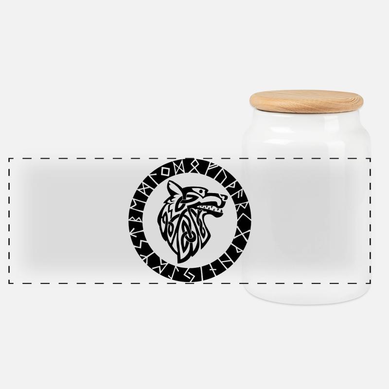 Wikinger-Emblem des schwarzen Wolfes - Panorama Keksdose mit Holzdeckel - Weiß