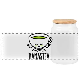 Namastea Namaste Yoga Meditation grüner Tee Matcha - Panorama Keksdose mit Holzdeckel - Weiß - Vorne