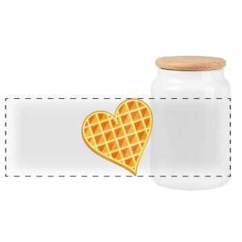 goldbraune Waffel in Herz Form mit Puderzucker - Panorama Keksdose mit Holzdeckel - Weiß - Vorne