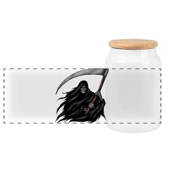 Grim Reaper mit Sense auf Schwarzem Hintergrund - Panorama Keksdose mit Holzdeckel - Weiß - Vorne