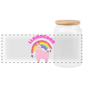 Skurriles rosa Lama mit Regenbogen - Panorama Keksdose mit Holzdeckel - Weiß - Vorne