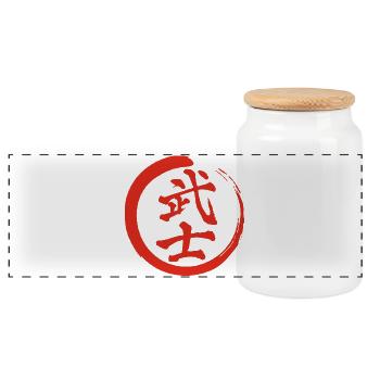 Red Japanese Kanji for the word warrior - Panoramic Cookie Jar with Wooden Lid - white - Front