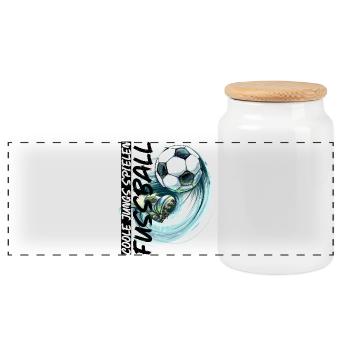 Dynamischer Fußball und Fußballschuh - Panorama Keksdose mit Holzdeckel - Weiß - Vorne