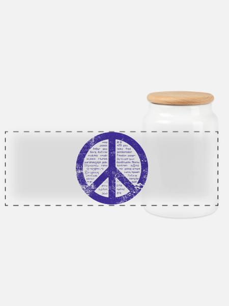Blue Peace sign. Peace in many languages. - Panoramic Cookie Jar with Wooden Lid - white