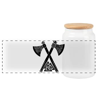 Äxte und schwarzes Wikingersymbol - Panorama Keksdose mit Holzdeckel - Weiß - Vorne