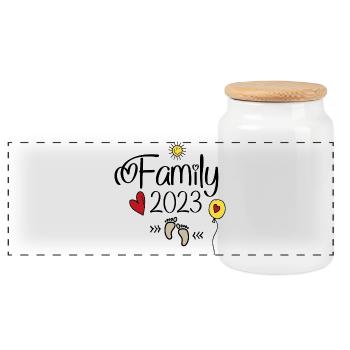Famille heureuse 2023 - Boîte à biscuits avec couvercle en bois - blanc - Devant