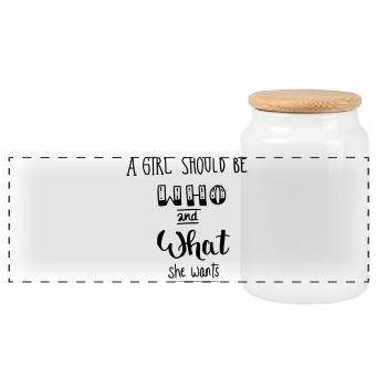 a girl should be who and what she wants - Panorama Keksdose mit Holzdeckel - Weiß - Vorne