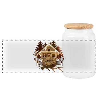 Cabane confortable de bûcherons dans la forêt avec hache et scie - Boîte à biscuits avec couvercle en bois - blanc - Devant