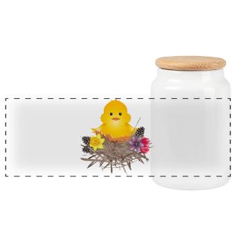 newly hatched chick in eggshell in nest - Panoramic Cookie Jar with Wooden Lid - white - Front