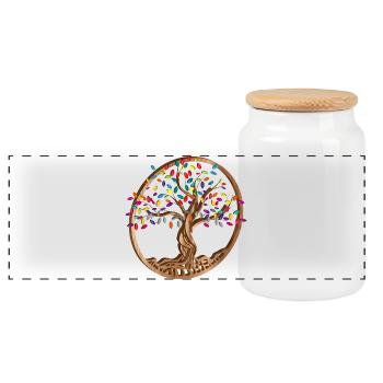 Tree medallion with colorful leaves in wood look - Panoramic Cookie Jar with Wooden Lid - white - Front