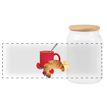 Frühstücks Stillleben mit Croissant,Kaffee, Beeren - Panorama Keksdose mit Holzdeckel - Weiß - Vorne