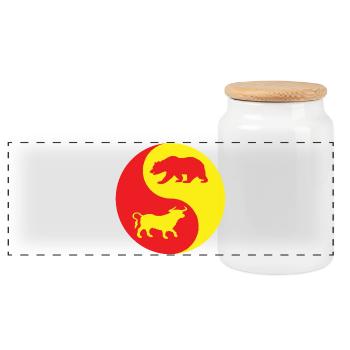 Yin Yang Bull and Red and Yellow Bear - Panoramic Cookie Jar with Wooden Lid - white - Front