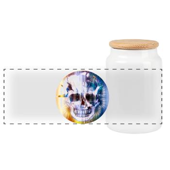 extravaganter Totenkopf in bunt schimmernder Farbe - Panorama Keksdose mit Holzdeckel - Weiß - Vorne