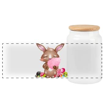 cute bunny with cotton candy & candy - Panoramic Cookie Jar with Wooden Lid - white - Front