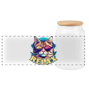Entspannte Katze mit Sonnenbrille, Sommerlook - Panorama Keksdose mit Holzdeckel - Weiß - Vorne