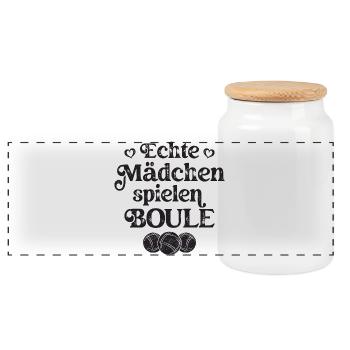 Echte Mädchen spielen Boule Bouler Boccia Spiel - Panorama Keksdose mit Holzdeckel - Weiß - Vorne