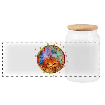 Halloween pumpkin in autumn ambience with stars - Panoramic Cookie Jar with Wooden Lid - white - Front