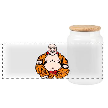 Humorous Buddha - Panoramic Cookie Jar with Wooden Lid - white - Front