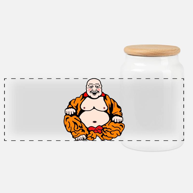 Humorvoller Buddha - Panorama Keksdose mit Holzdeckel - Weiß