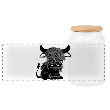 Black long-haired cow - Panoramic Cookie Jar with Wooden Lid - white - Front
